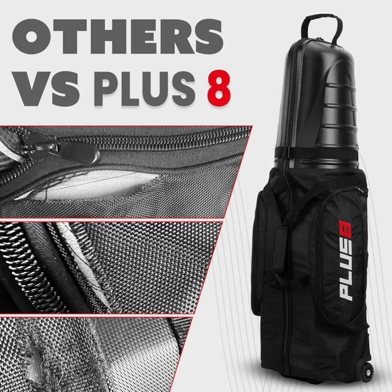 Black rolling golf bag labeled “PLUS 8” shown beside close-ups of durable zippers and fabric.
