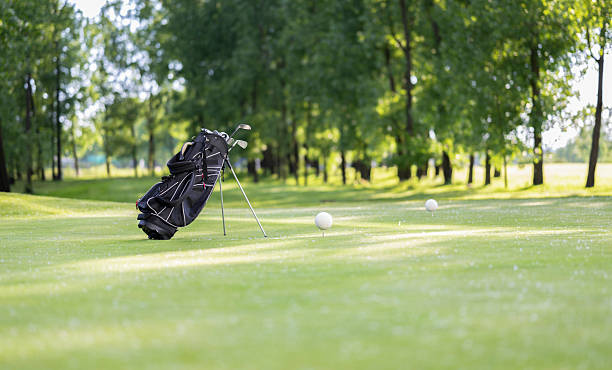 Black golf bag on stand with clubs and balls on sunny course—ideal for practice sessions.
