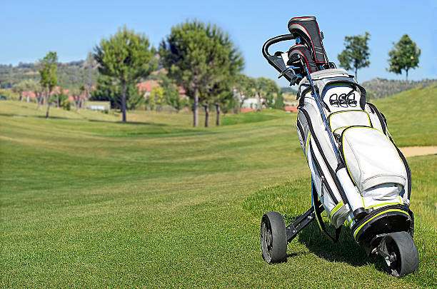 White and black golf bag on a pushcart, ready for a round on the green golf course.