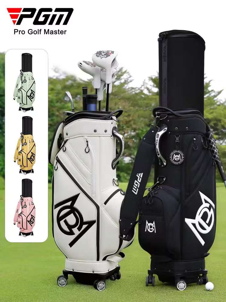 Stylish PGM golf bag with wheels in white and black, showing color options.