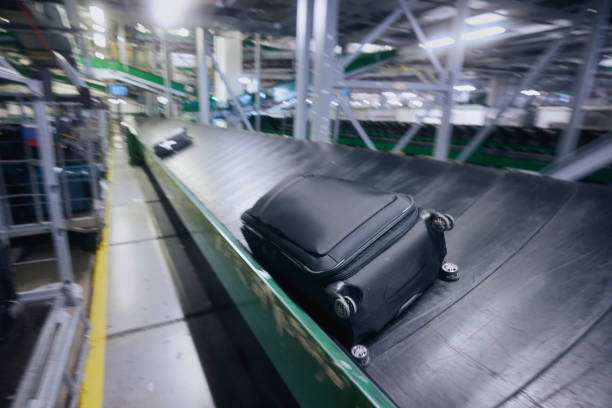 A black suitcase travels on an airport baggage carousel. Could be carrying a golf bag.