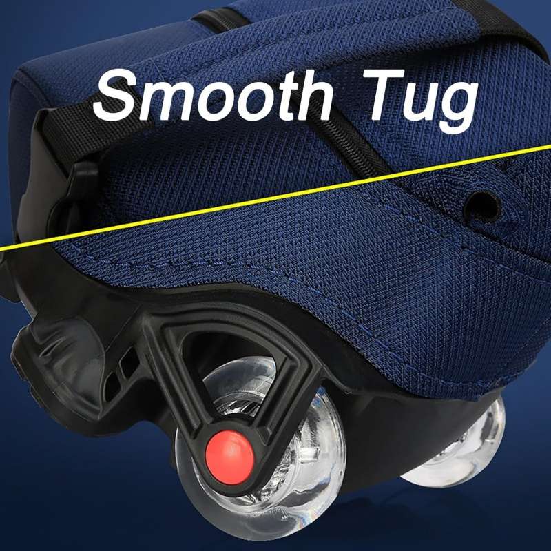 Close-up of a blue travel golf bag with smooth wheels and a 'Smooth Tug' feature.