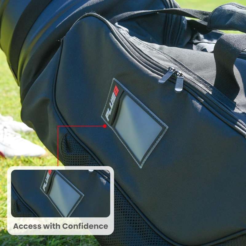 Detail of a black golf bag showing a clear window pocket and secure zippers.
