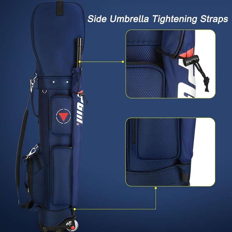 Detailed blue golf bag with side umbrella tightening straps feature for easy transport.