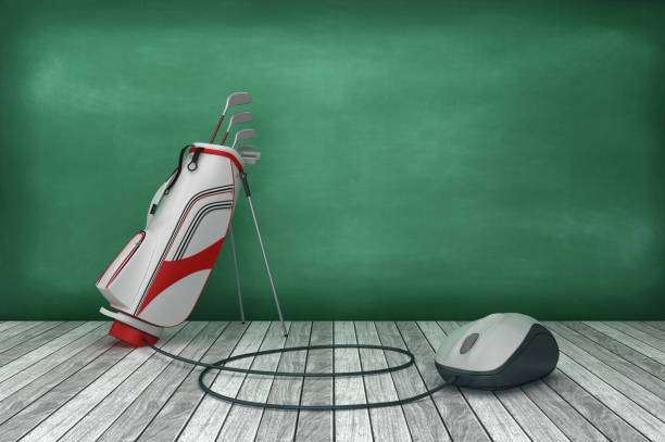Online golf shopping: A white and red golf bag with clubs next to a computer mouse.