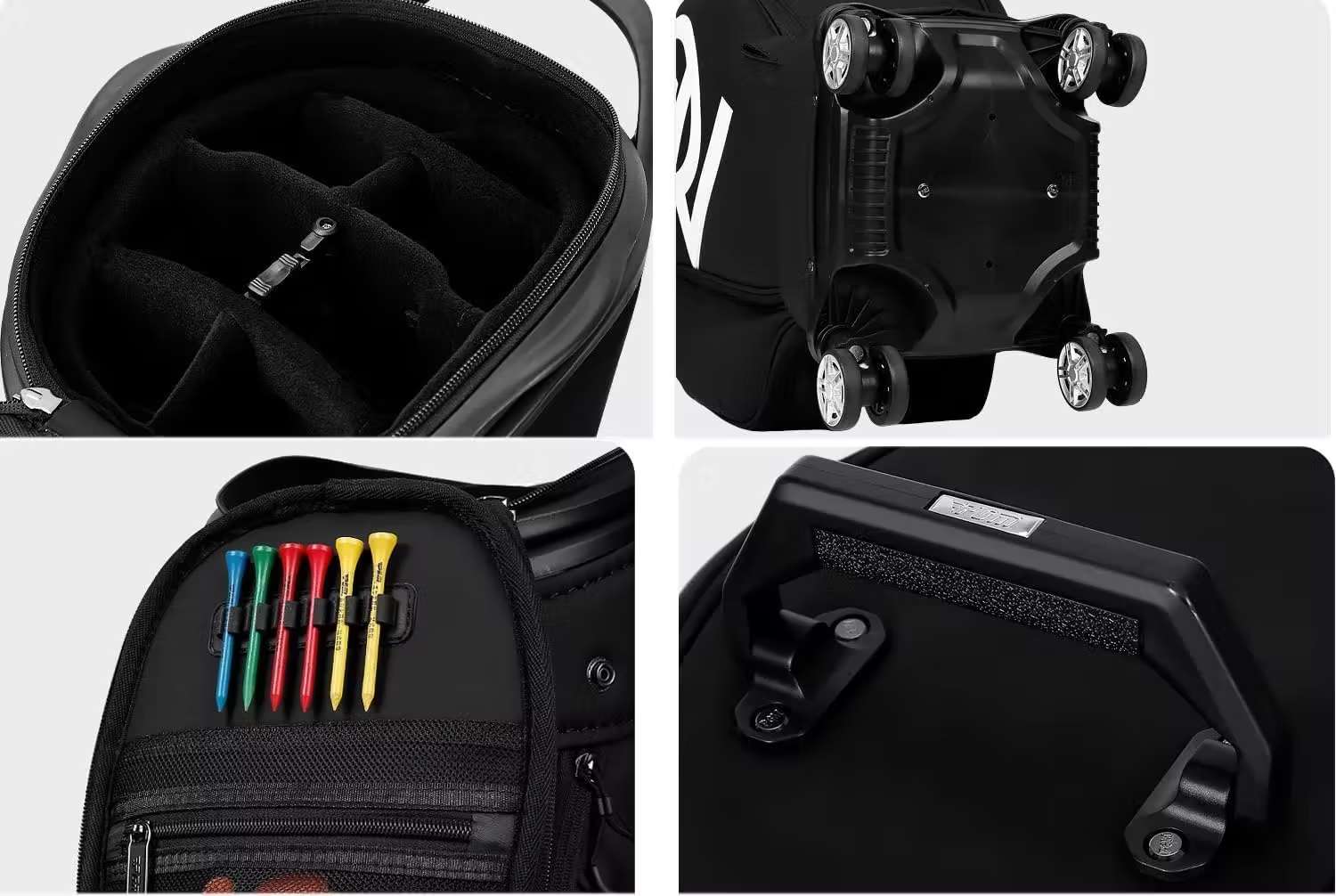 Close-ups of a black golf bag's dividers, wheels, and tee holders.