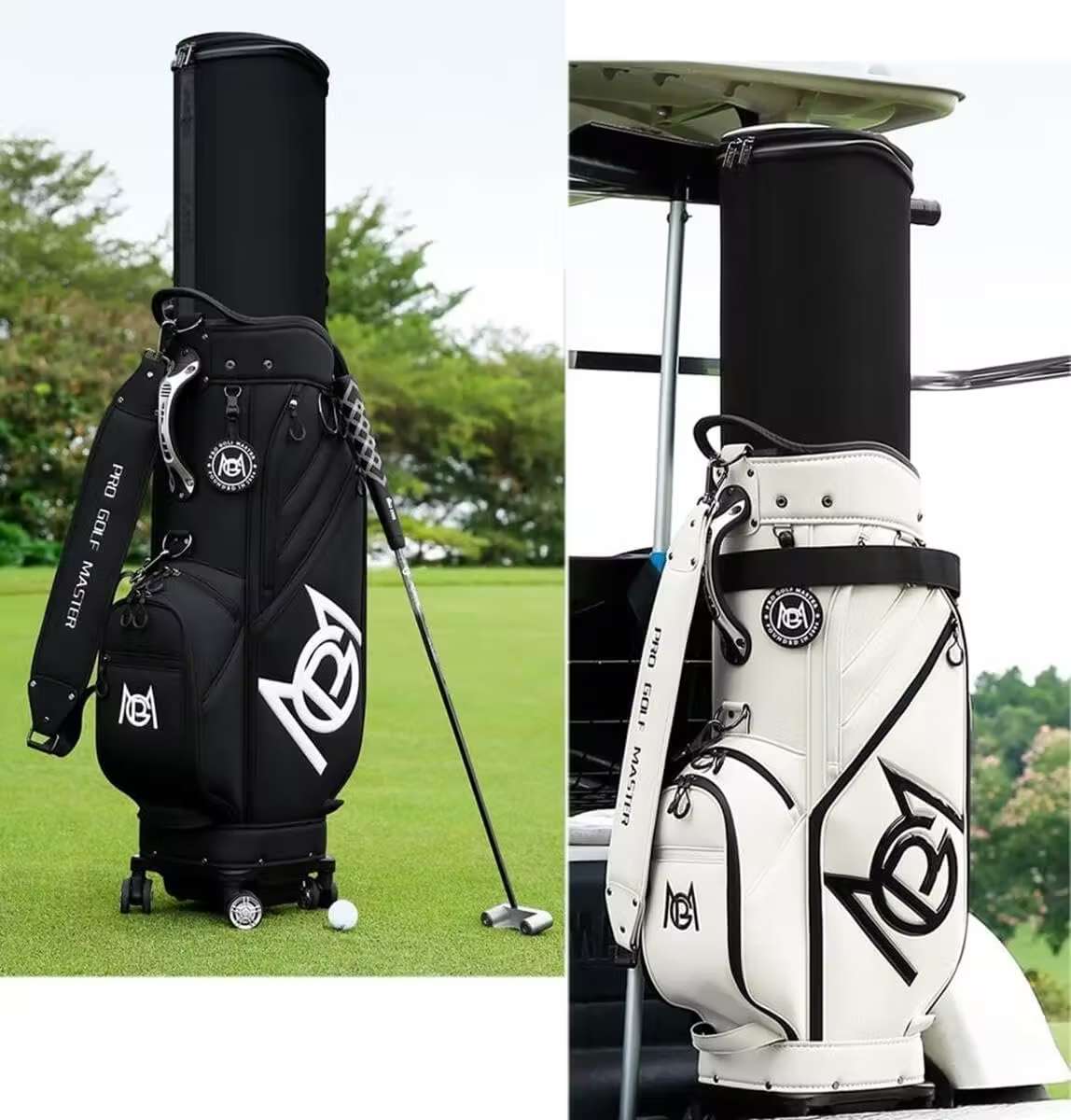 Black and white PRO GOLF MASTER golf bag models, one on wheels, one on a cart.