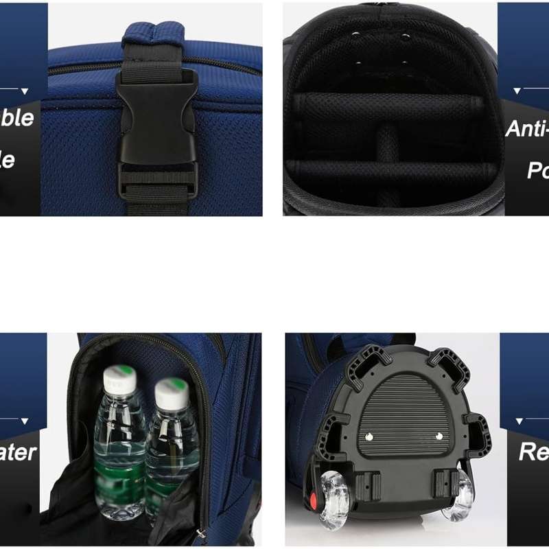 Key features of a blue travel golf bag: buckle, club dividers, water pocket, and durable wheels.